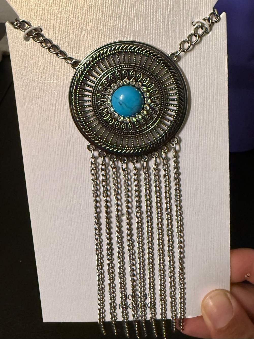 Jessica Simpson Turquoise and Antique Silver Fringe Medallion Necklace - Picture 2 of 2